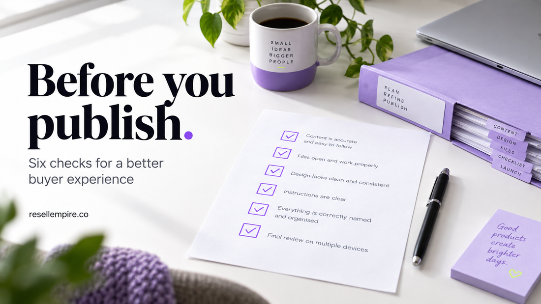 Before you publish: six checks for a better buyer experience, beside a checklist, purple folder and pen.