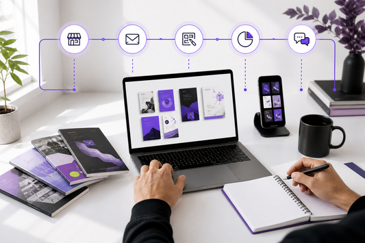 Digital product creator organizing a five-tool business workflow across storefront, email, content, conversations, and analytics.