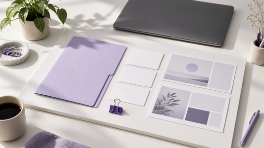 Lavender folder, blank information cards and abstract preview prints arranged beside a laptop.