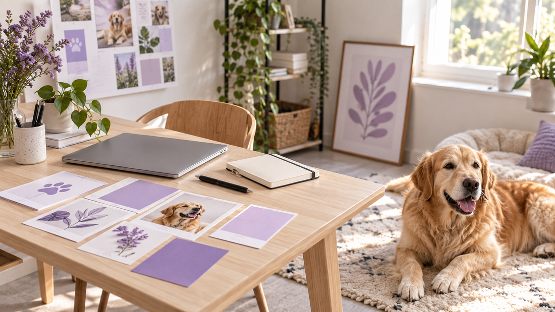 Golden dog resting beside a creative desk with purple design cards and a closed laptop.