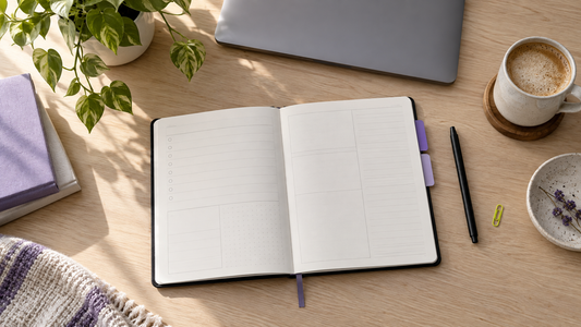 Open planner with purple tabs, a black pen and a closed laptop on a wooden desk.