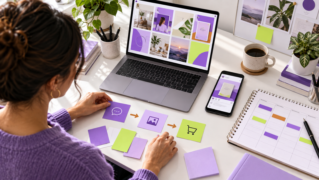Digital product creator planning a connected social media campaign with templates, a phone, and a weekly calendar.