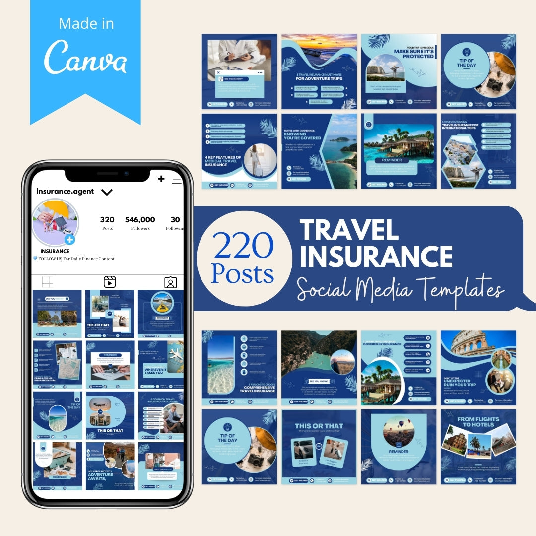 220 editable Canva social media templates for travel insurance marketing
