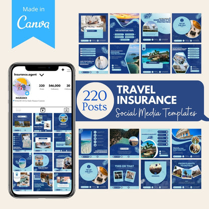 220 editable Canva social media templates for travel insurance marketing