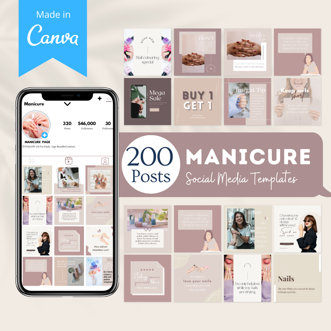 200 Manicure Posts - Social Media Canva Templates