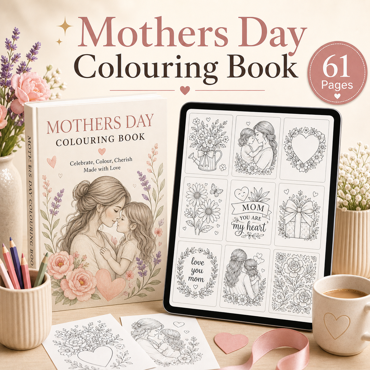 Mothers day colouring book - 61 pages